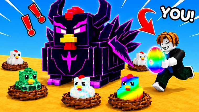 Steal a Chicken official art: white, green and rainbow chickens on nests next to a giant horned purple chicken